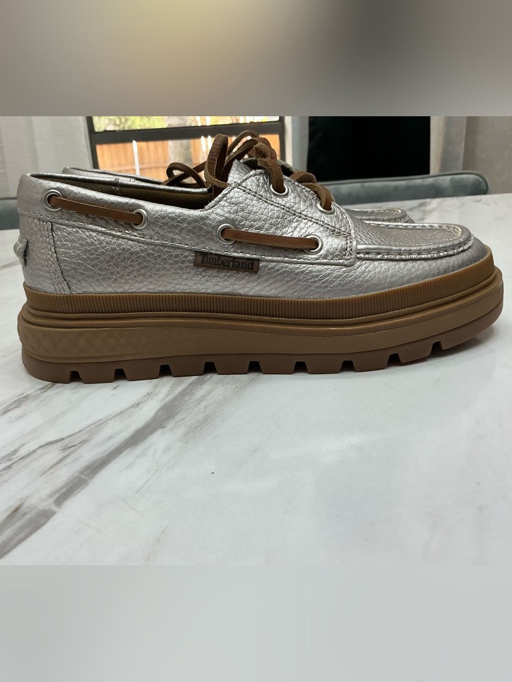 Size 6.5 Timberland Metallic Silver Leather Boat Shoes with Tan Accents